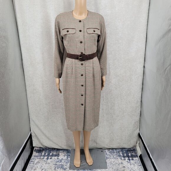 Talbots Vintage Houndstooth Plaid Elegant Brown Belted Button Front Dress - Picture 2 of 15
